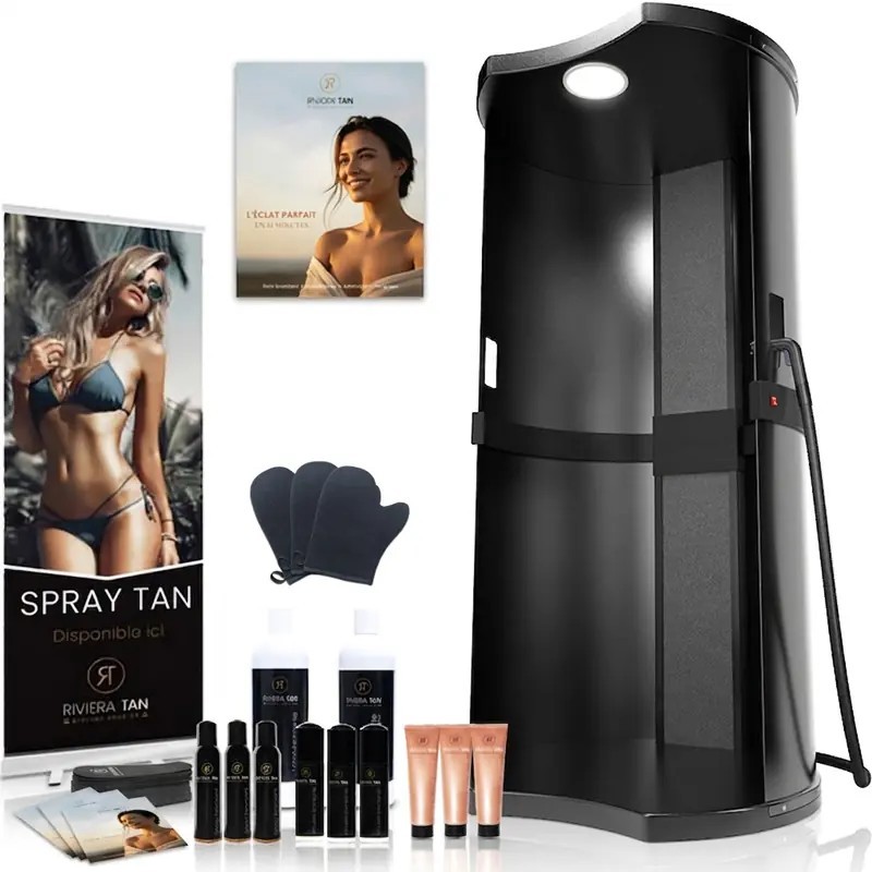 Pack complet cabine de douche autobronzante fixe professionnelle Black Riviera Tan avec lotions de tanning, PLV et consommables