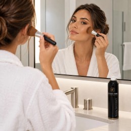 Application du Spray autobronzant Riviera Tan au pinceau kabuki sur le visage